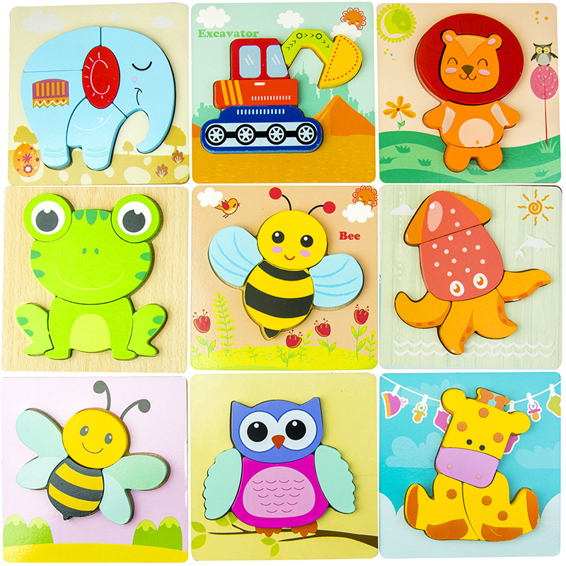 Animal de dibujos animados transfronterizo Tablero de rompecabezas tridimensional engrosado Juguetes Educativos de madera para niños juguetes para niños