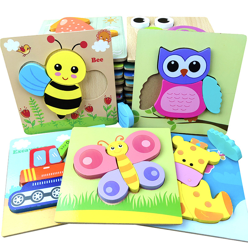 Animal de dibujos animados transfronterizo Tablero de rompecabezas tridimensional engrosado Juguetes Educativos de madera para niños juguetes para niños