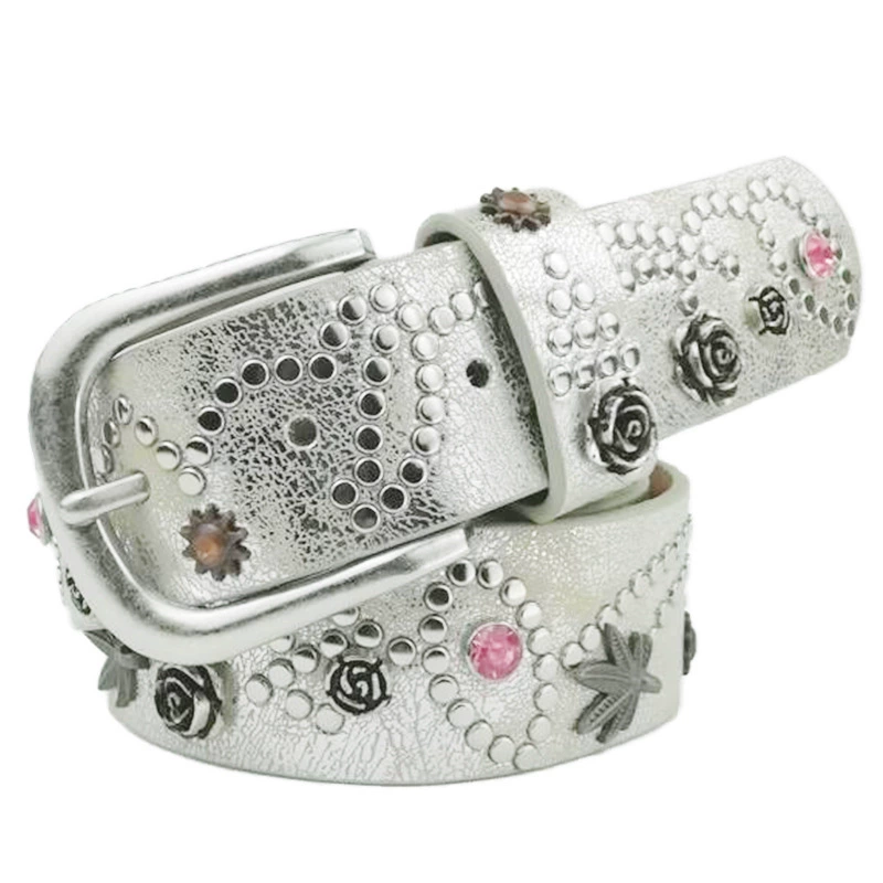 Women’s Fashion Metal Stud Belt, Retro Stone Inlay, 110 cm, Casual Jeans Accessory