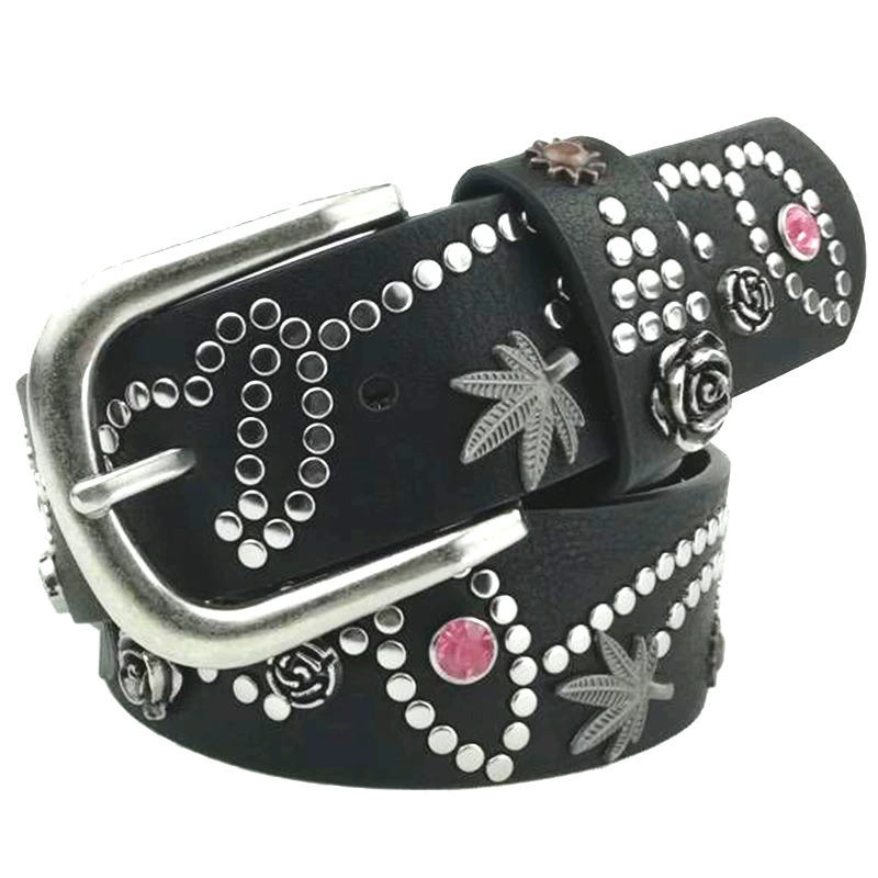 Women’s Fashion Metal Stud Belt, Retro Stone Inlay, 110 cm, Casual Jeans Accessory