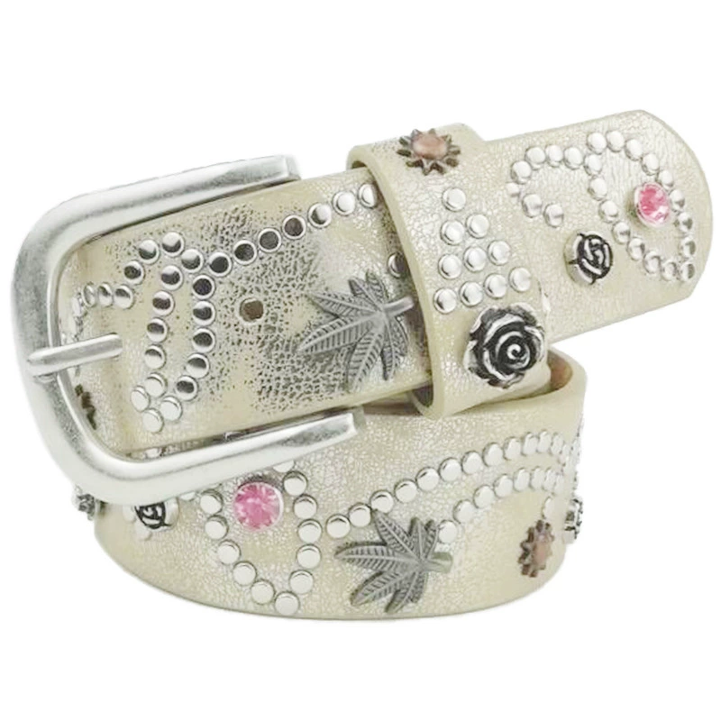 Women’s Fashion Metal Stud Belt, Retro Stone Inlay, 110 cm, Casual Jeans Accessory