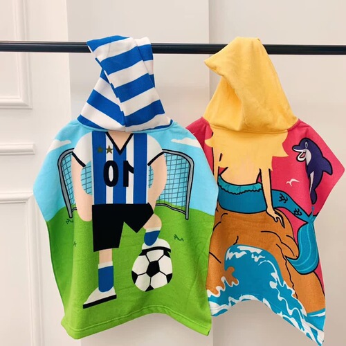 Children's bath towel cape, easy-to-absorb digital cartoon printed outdoor robe, ultra-fine fiber hooded beach towel