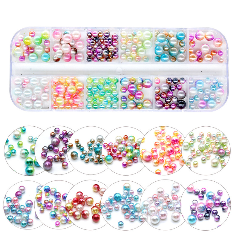 12-Compartment Box with Rivet-Edged Pearl Acrylic Rhinestones and Sequins for Nail Art Decorations, Princess Style Shell Design