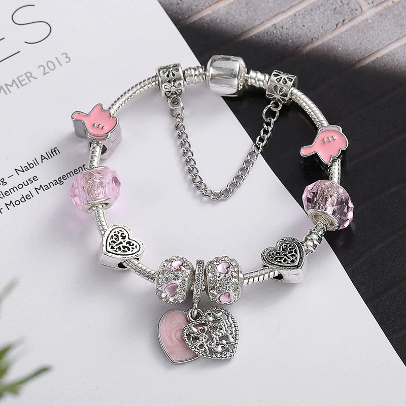 Фуксия кристал bracelet сердце, серебряный браслет для друга ручной работы