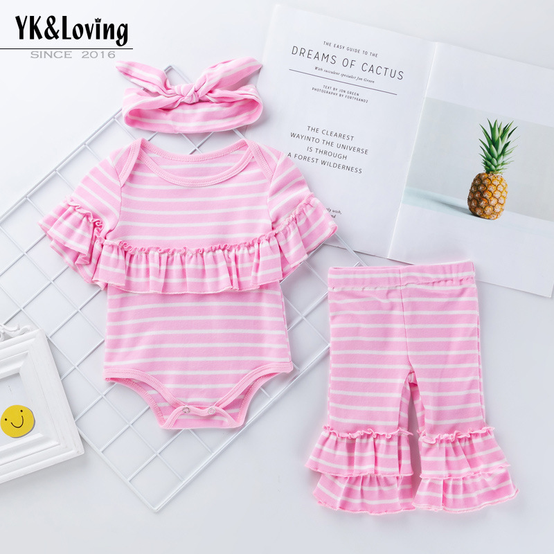Newborn pink and white striped combed cotton kayak flared pants three-piece Amazon wish best selling baby children's suit