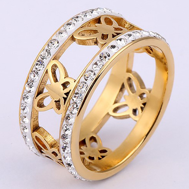 Anillo de Acero Inoxidable con Incrustaciones de Diamantes de Dos Hileras, Estilo Europeo y Americano, Fabricado en Fábrica Transfronteriza