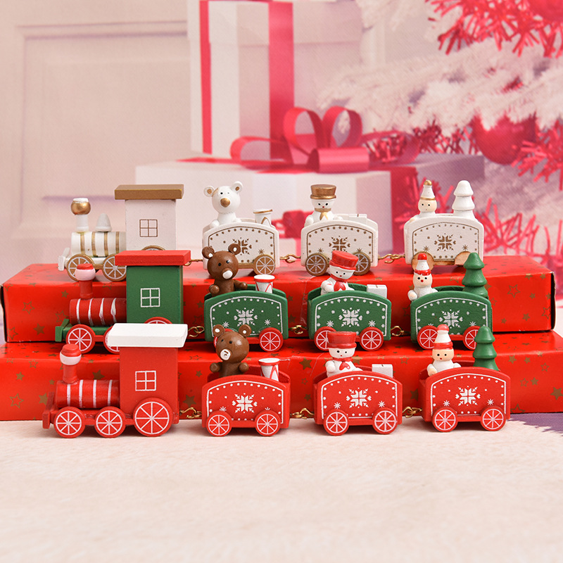 Tren de madera creativo de 4 secciones, adornos navideños para niños, regalos de Navidad para guardería, arte de madera de escritorio