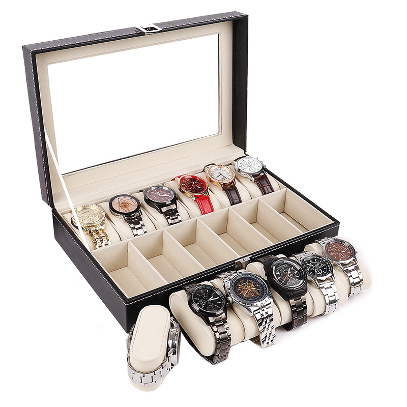 Caja de almacenamiento de reloj de gama alta de cuero PU, techo corredizo transparente, caja de exhibición de reloj con hebilla japonesa, caja de embalaje de almacenamiento de gafas