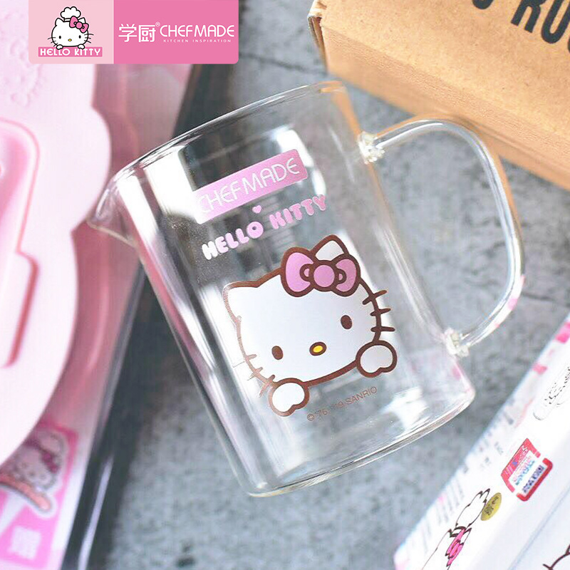 학습 주방 KITTY 두꺼운 유리 계량 컵 손잡이가있는 고온 저항 크기 스케일 측정 컵 가정용 베이킹 도구