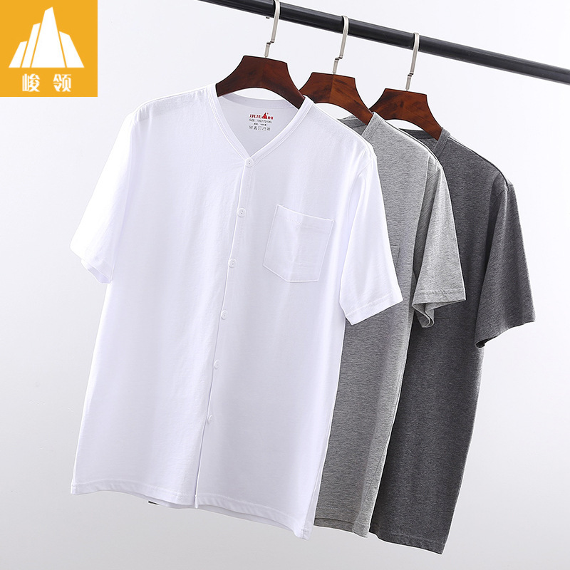 Middle-aged and Elderly Men's Sweater Short-sleeved T-shirt Buckle Cardigan Pure Cotton Loose Old Head Shirt Grandpa's Pair Top Vest Middle-aged and Elderly Men's Sweater Short-sleeved T-shirt Buckle Cardigan Pure Cotton Loose Old Head Shirt Grandpa's Pair Top Vest