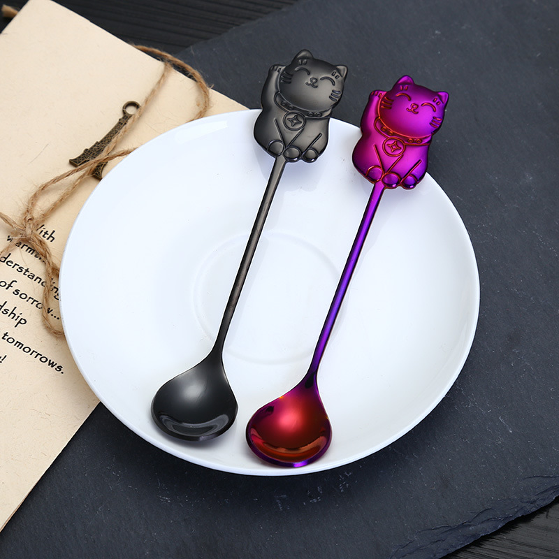 Dibujos Animados suerte gato cuchara hogar lindo agitación cuchara de café cuchara postre cuchara helado cuchara de helado niños gato cuchara