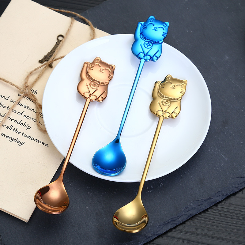 Dibujos Animados suerte gato cuchara hogar lindo agitación cuchara de café cuchara postre cuchara helado cuchara de helado niños gato cuchara