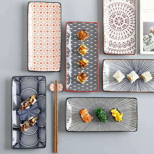 Japanese sushi plate underglaze color rectangular dish plate cold dish sushi restaurant rectangular flat plate Amazon