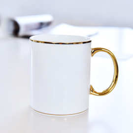 厂家定 制金手柄骨瓷创意办公直身马克杯 金边陶瓷礼品广告杯