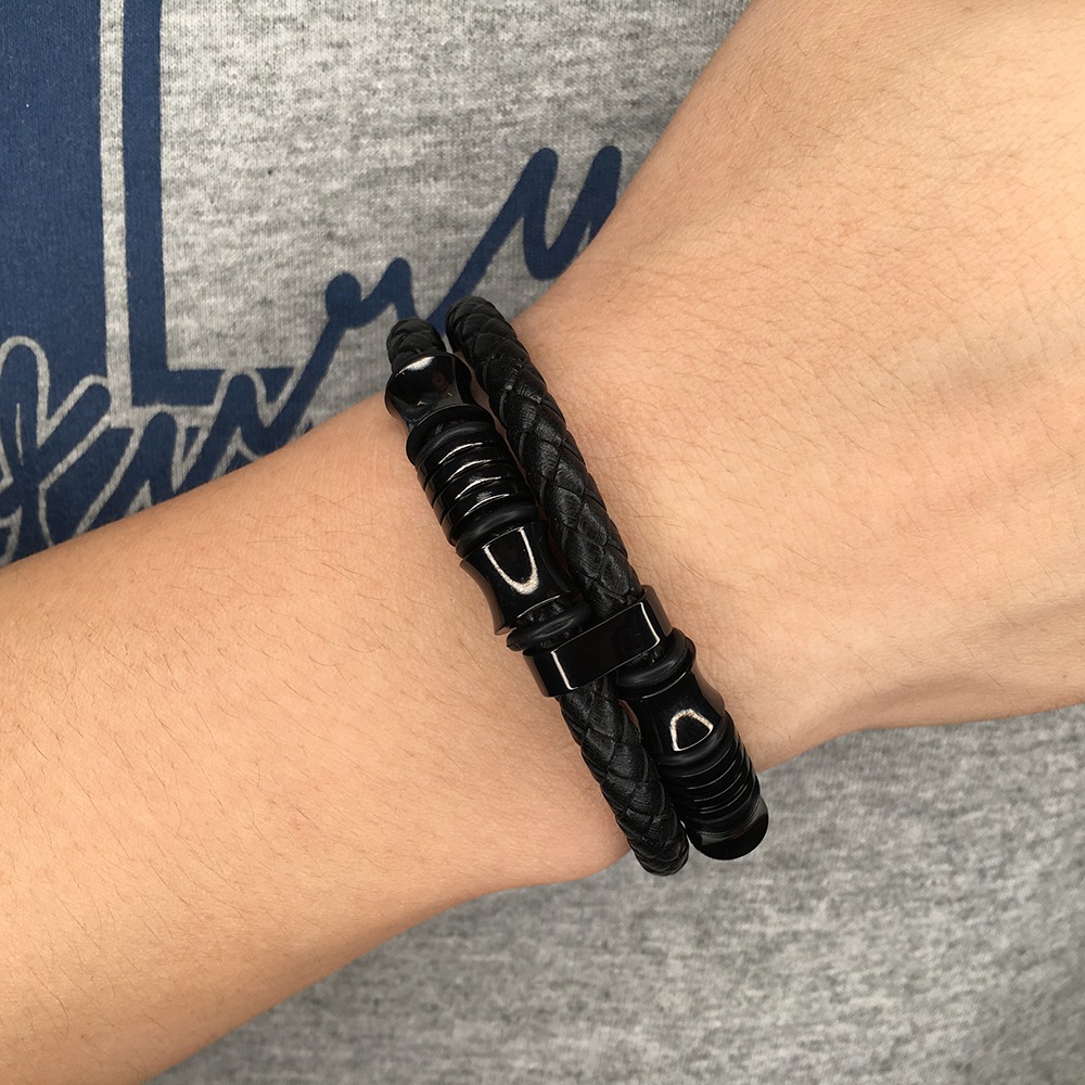 【Producto Popular】 Pulsera de Cuero Negro para Hombre, Doble Capa, Trenzada de Acero Inoxidable, Hecha a Mano, Multicapa image 4