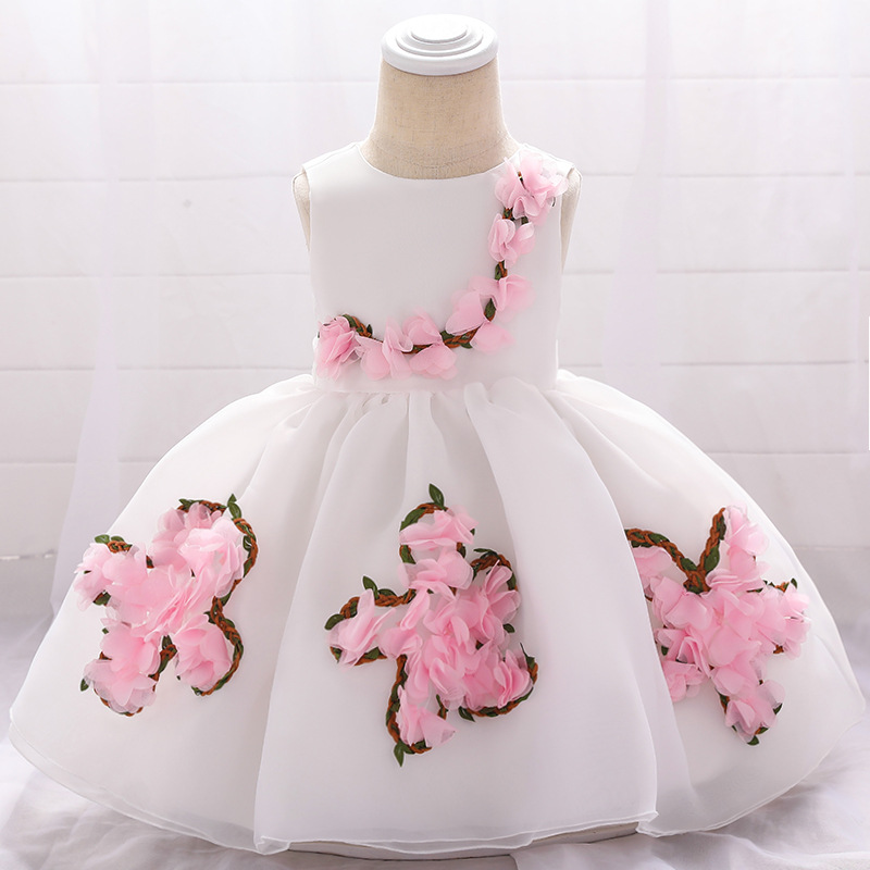 2026 Summer New Style Baby One-Year-Old Floral Puffy Dress Flower Girl Mesh Christening Dress Cotton Babydress