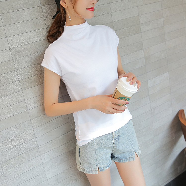 단색 티셔츠 여성용 하이 칼라 새로운 모든 매치 숄더 슬림핏 슬리밍 여름 여성용 반팔 탑 여성용 면 한국식 077