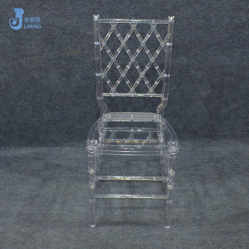 De malla de plástico de nuevo transparente PC Silla de bambú de acrílico transparente Silla de boda de resina de hotel de cristal Silla de comedor al por mayor