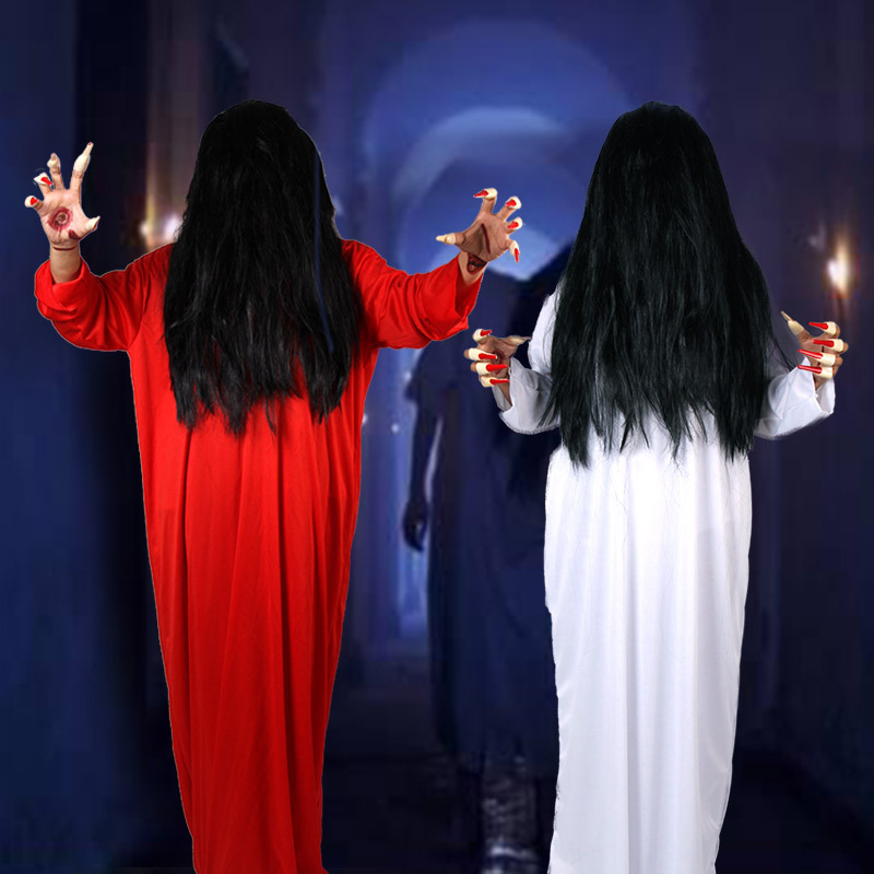 Sadako Horror Costume Pen Fairy Npc Dress up Adult Halloween Cosplay Clothes Props Scary White Female Ghost