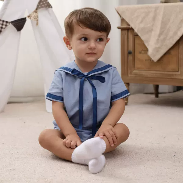 Ins Spanish Children's Wear Children's suit Boy's Pure Cotton Short-sleeved Dress Navy Kindergarten Garden Uniform School Uniform Spring Dress