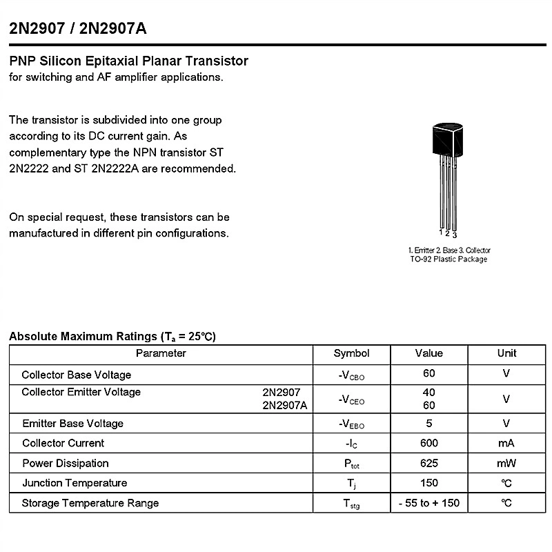 Прямой штекер триод 2N2907 2n2907a TO-92 0.8A/60V PNP силовой транзистор новый