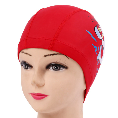 Children's Swimming Cap Boys' Cute Cartoon Dolphin Pattern PU Cloth Waterproof Long Hair Ear Protection Equipment Girls' Swimming Cap