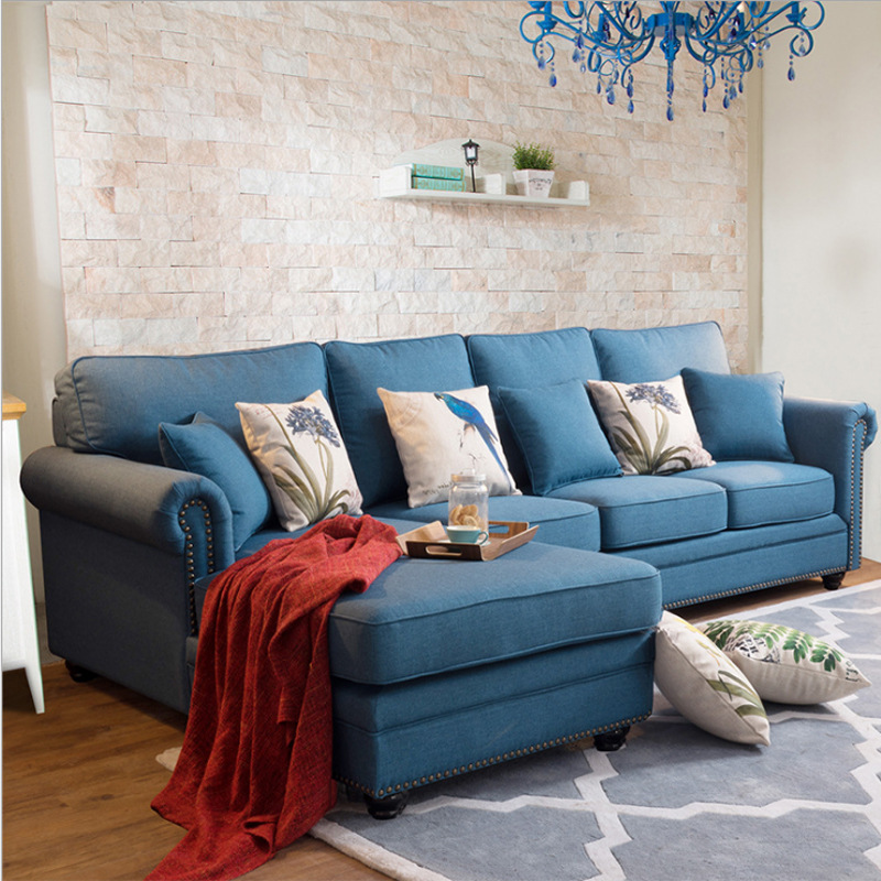 Retro nórdico de tres asientos sofá mediano y pequeño apartamento B & B modelo de sala de estar dormitorio sofá de tela americana