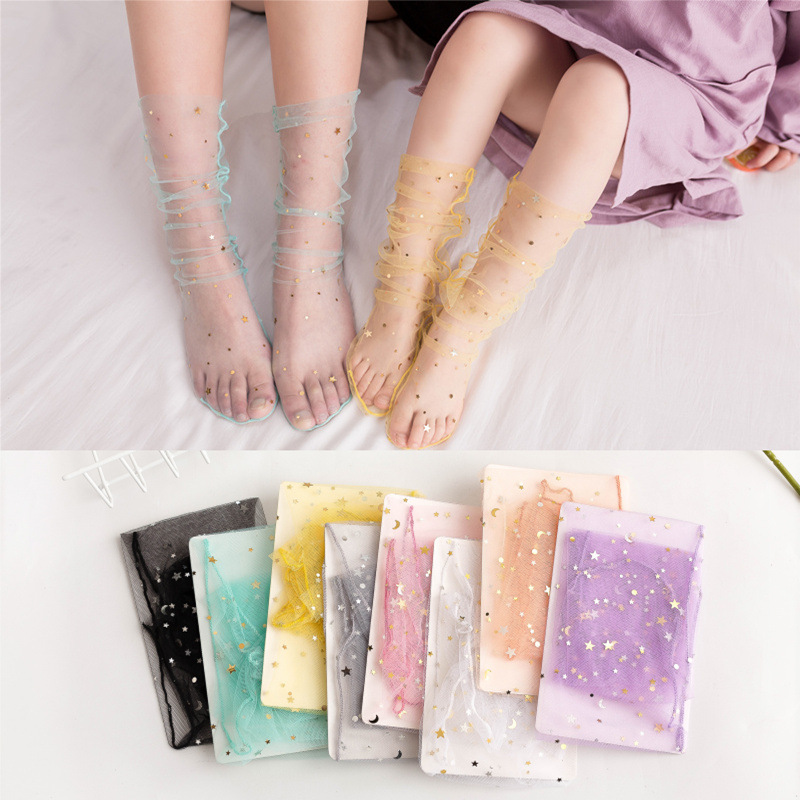 Calcetines de malla transparentes de verano, calcetines finos con diseño de estrellas para adultos y niños, calcetines sin talón hasta la pantorrilla, ultrafinos.