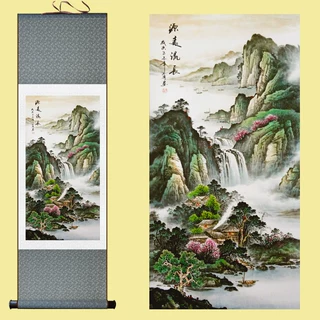 源远流长山水画字画靠山聚宝盆国画办公室壁画装饰画丝绸卷轴挂画