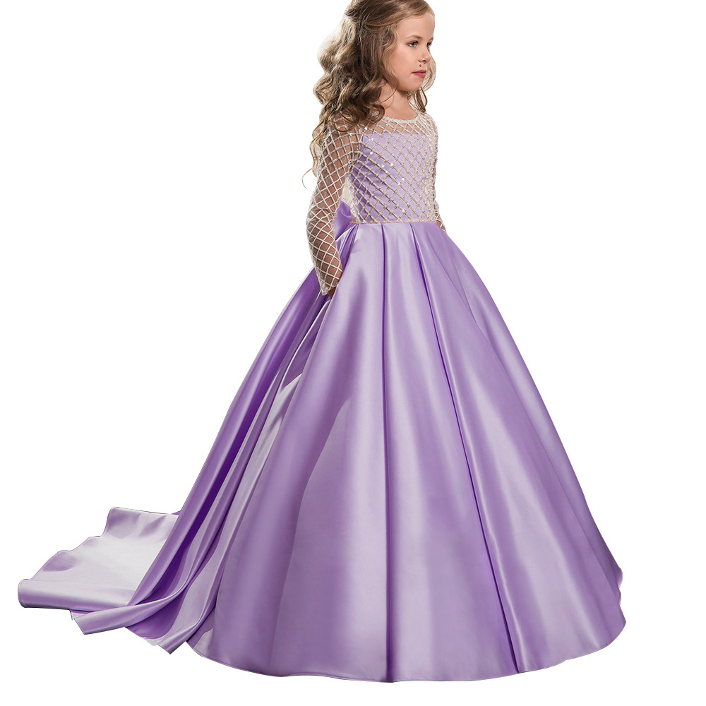 Comercio exterior transfronterizo nueva ropa para niños vestido para niños niñas encaje satén arco pequeño vestido de princesa de niña de flores