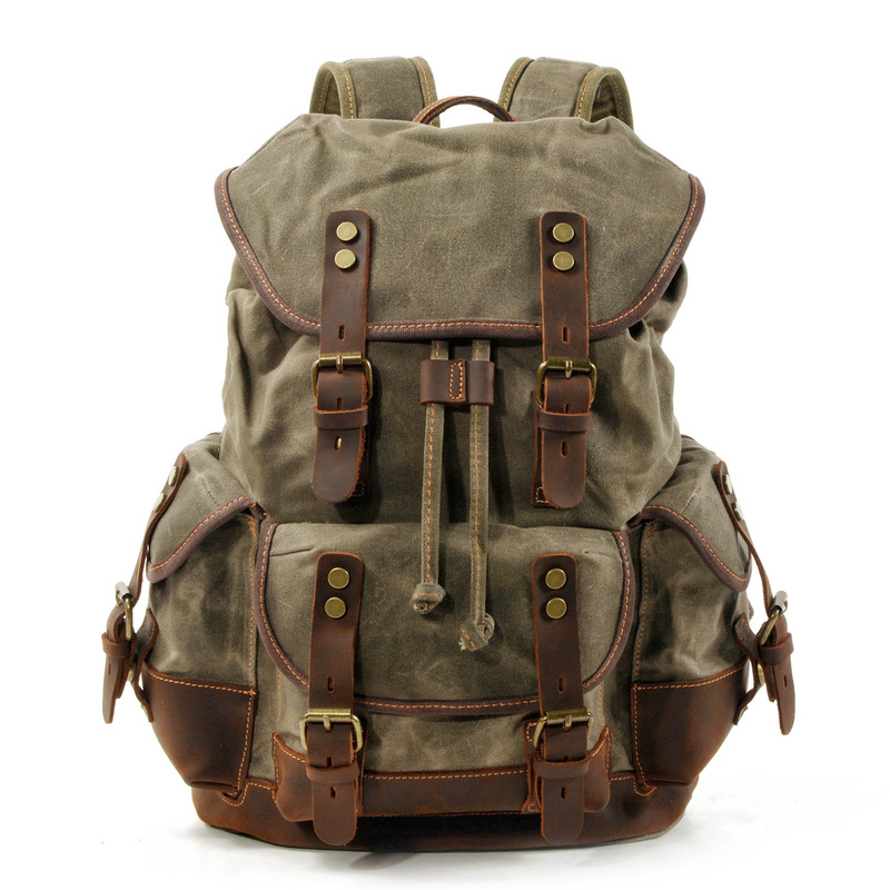 European and American Outdoor Backpack Casual Student Schoolbag Large Capacity Travel Backpack Canvas Stitching Leather Mountaineering Bag