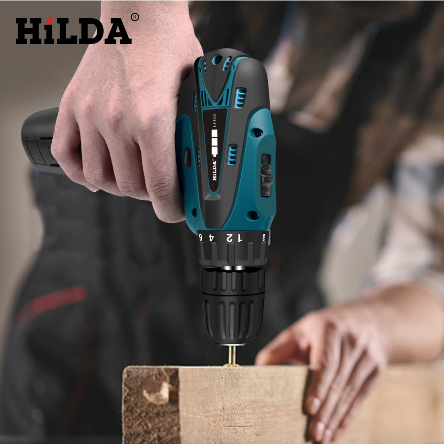 Hilda 12V destornillador inalámbrico taladro eléctrico doble velocidad batería de litio recargable LED luz 2 unids impermeable mano Taladro