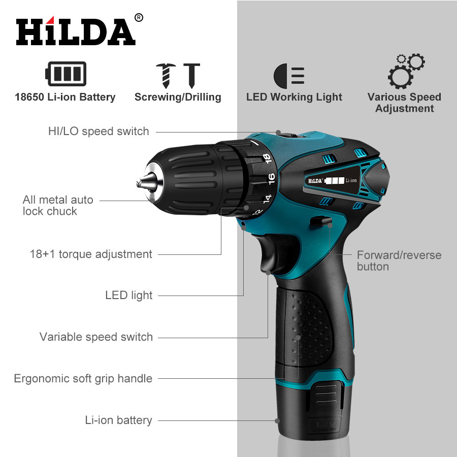 Hilda 12V destornillador inalámbrico taladro eléctrico doble velocidad batería de litio recargable LED luz 2 unids impermeable mano Taladro
