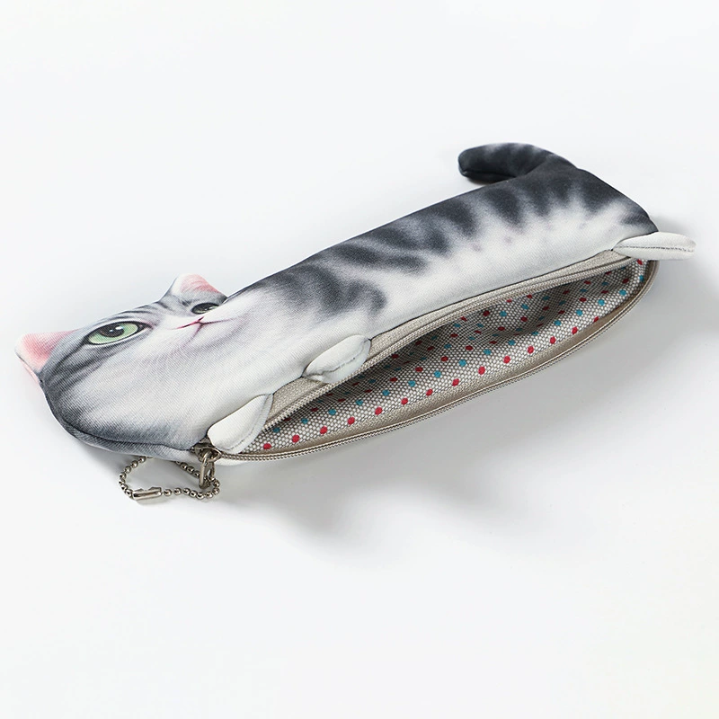 Cute Cat Pencil Case for Kids, Realistic Plush Look, Korean Style, 30 × 15 × 0.5 cm