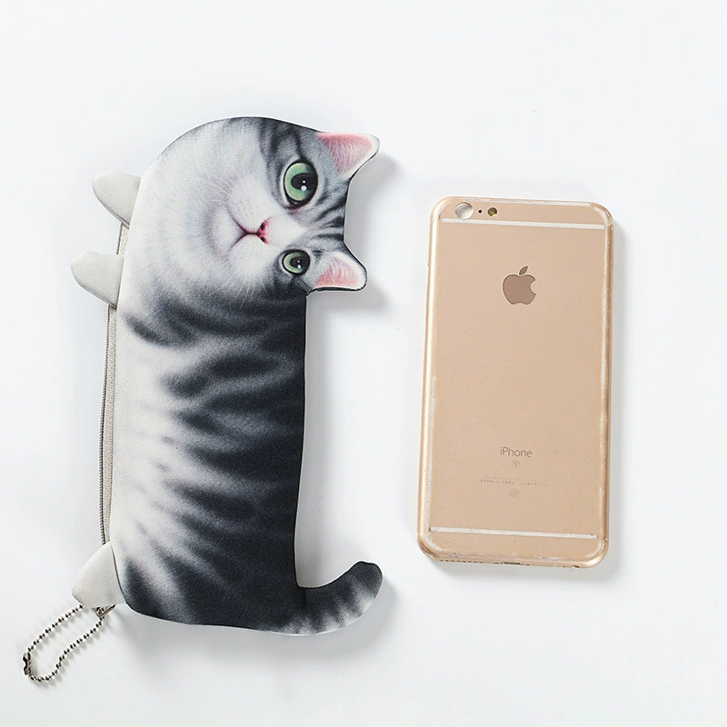 Cute Cat Pencil Case for Kids, Realistic Plush Look, Korean Style, 30 × 15 × 0.5 cm