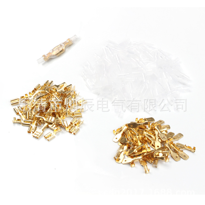 拔插式冷压接线端子 200pcs包裸端插簧插片端子6.3mm金色公母端子