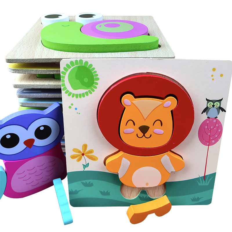 Animal de dibujos animados transfronterizo Tablero de rompecabezas tridimensional engrosado Juguetes Educativos de madera para niños juguetes para niños