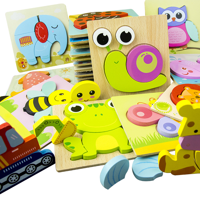 Animal de dibujos animados transfronterizo Tablero de rompecabezas tridimensional engrosado Juguetes Educativos de madera para niños juguetes para niños