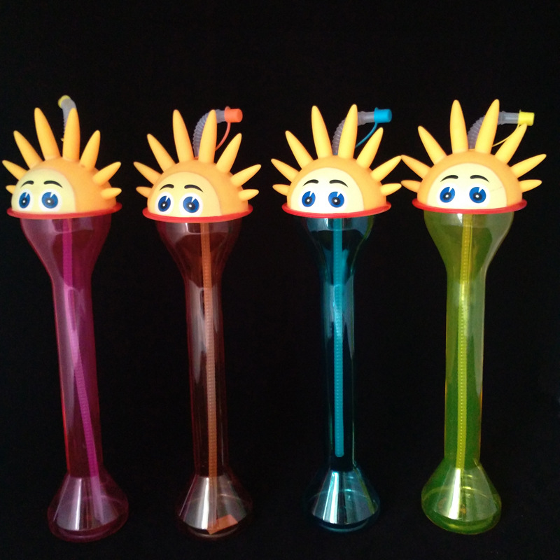 厂家供应创意一次性带吸管的异形太阳花盖子果汁杯 yard glass