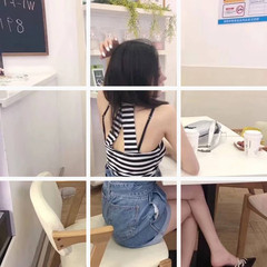 甜美辣妹時尚新款掛脖背心女條紋露背針織衫修身露肩無袖上衣潮女