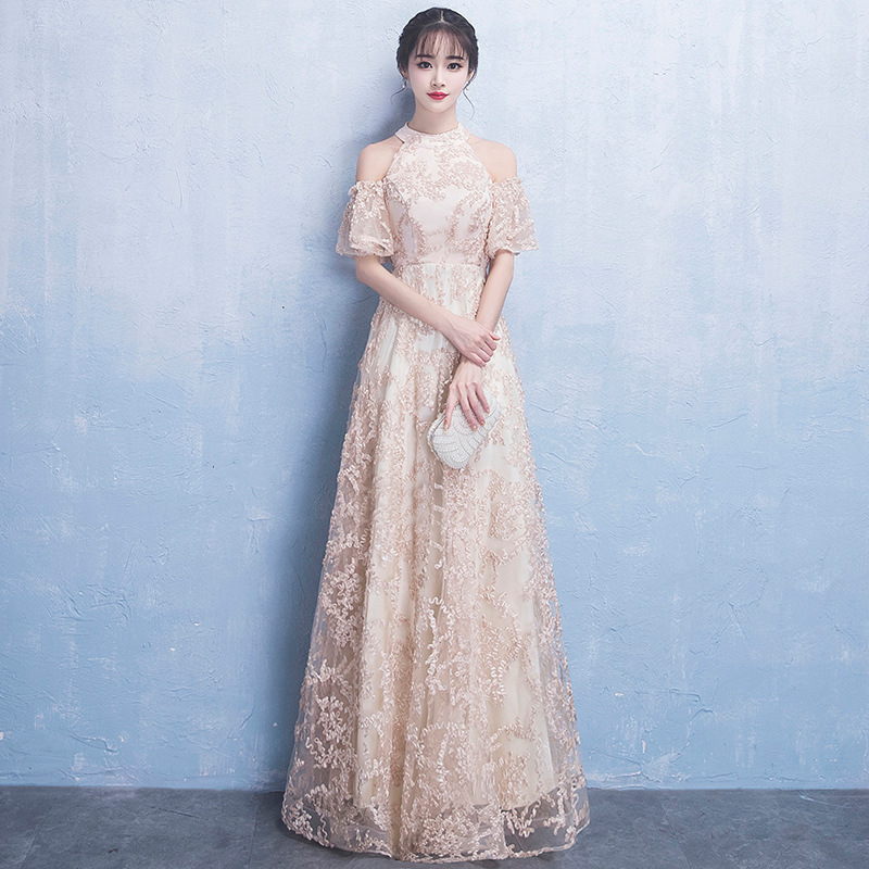Vestido de noche color champán para mujer, modelo 2026, elegante vestido de un solo hombro para anfitriona de reunión anual, corte ajustado y largo. image 15