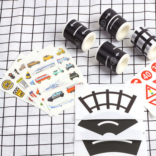 Children's cartoon diy road rail transportation and paper tape railway highway tape car train curve sticker