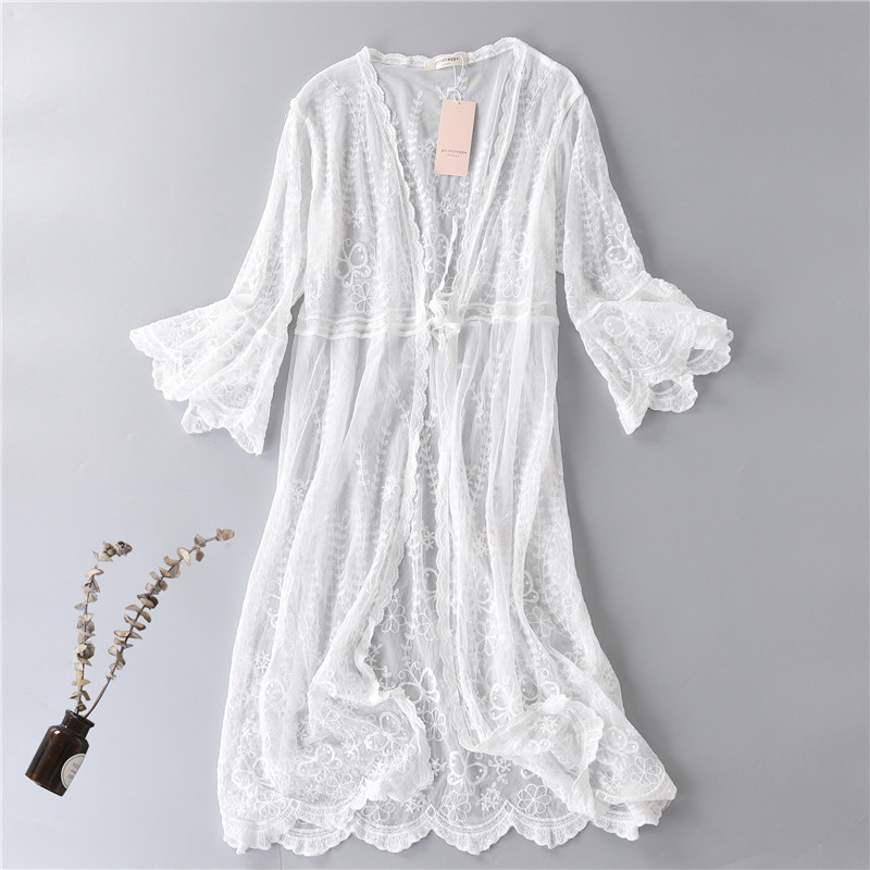 Summer New Korean Style Embroidered Mesh Butterfly Flower Thin Long Coat Lace See-Through Long Sun Protection Cardigan