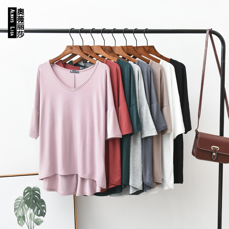 Women Loose V-neck Batwing Sleeve T-shirt Summer Plus Size Modal