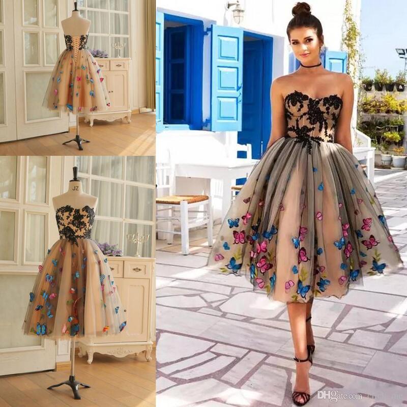 Foreign Trade Strapless Evening Dress, Fashionable Birthday Ball Dress, Colorful Butterfly Sweetheart Lace Cocktail Party Tie-Up Dress