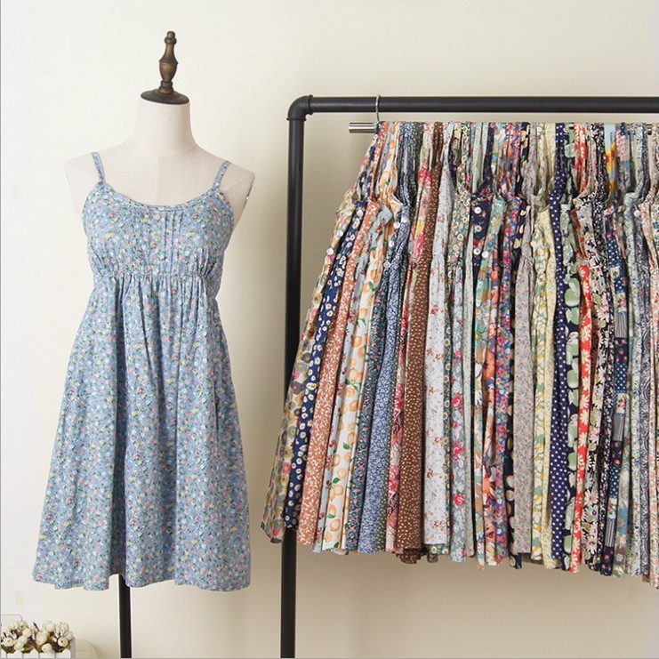 Japanese Mori Women's Cotton Fresh Style Floral Sling Mid-Length Dress Printed A- Line Dress Holiday Style Beach Dress