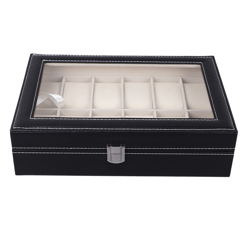 Caja de almacenamiento de reloj de gama alta de cuero PU, techo corredizo transparente, caja de exhibición de reloj con hebilla japonesa, caja de embalaje de almacenamiento de gafas
