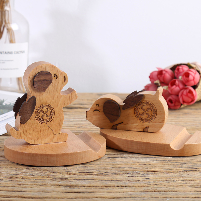 Soporte de madera para teléfonos móviles Cartoon Pig Desktop Sleep Holder Holder