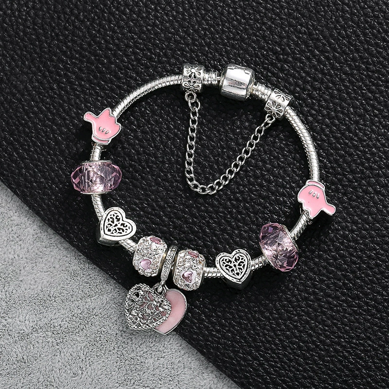 Фуксия кристал bracelet сердце, серебряный браслет для друга ручной работы