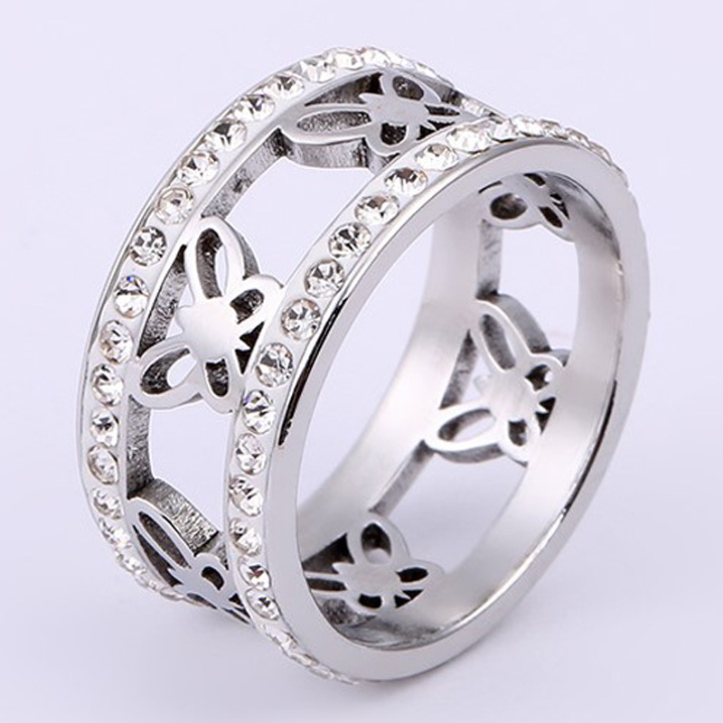 Anillo de Acero Inoxidable con Incrustaciones de Diamantes de Dos Hileras, Estilo Europeo y Americano, Fabricado en Fábrica Transfronteriza